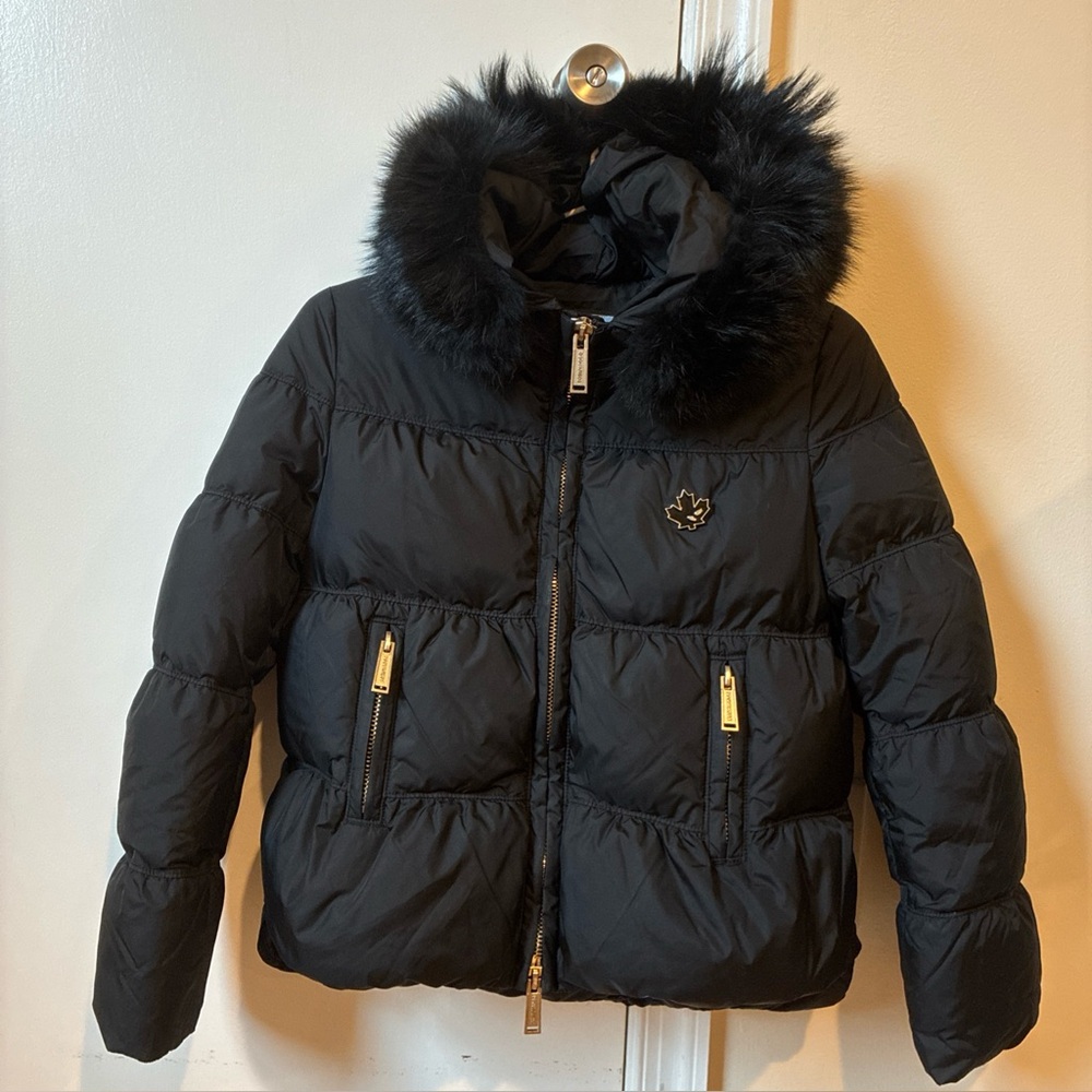 DSQUARED2 black down puffer coat with fur trim hood, girls size 12